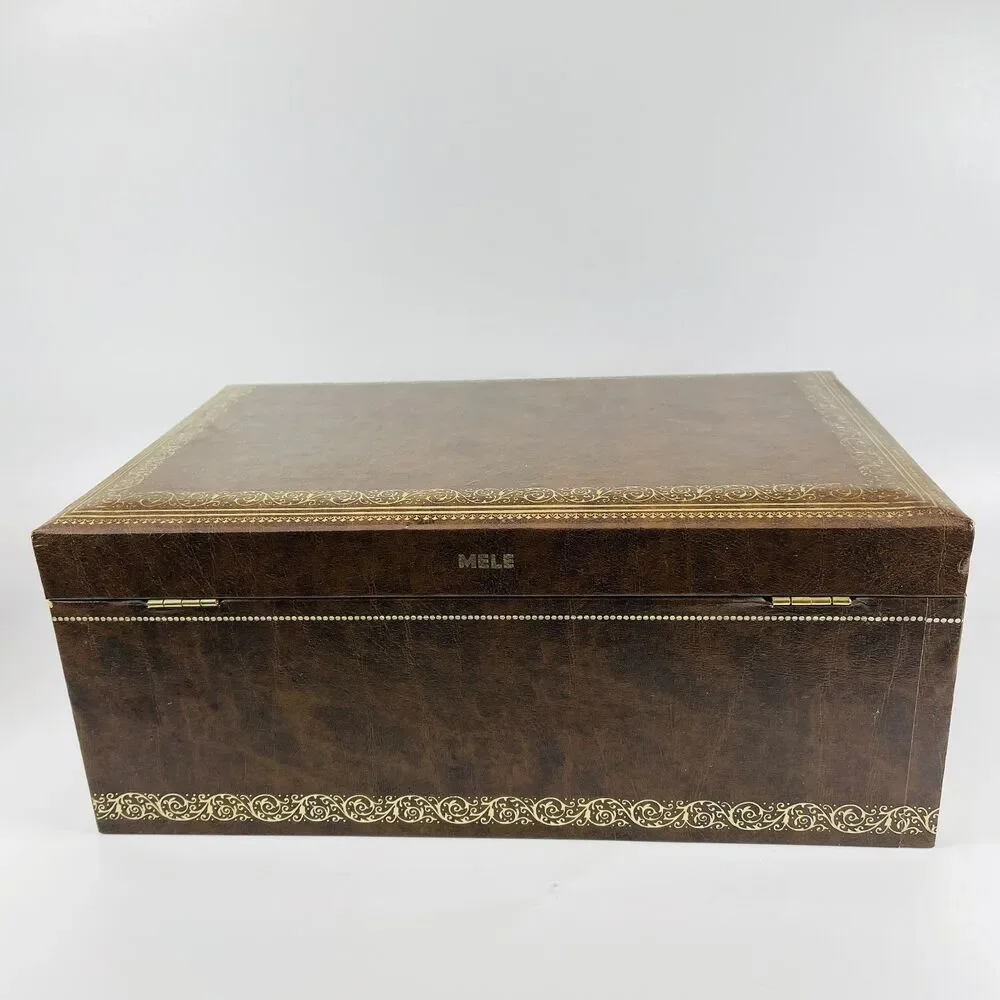 VTG MELE 4-Tier Jewelry Box MCM Mid-Century Faux Leather Satin Gold Velvet w KEY